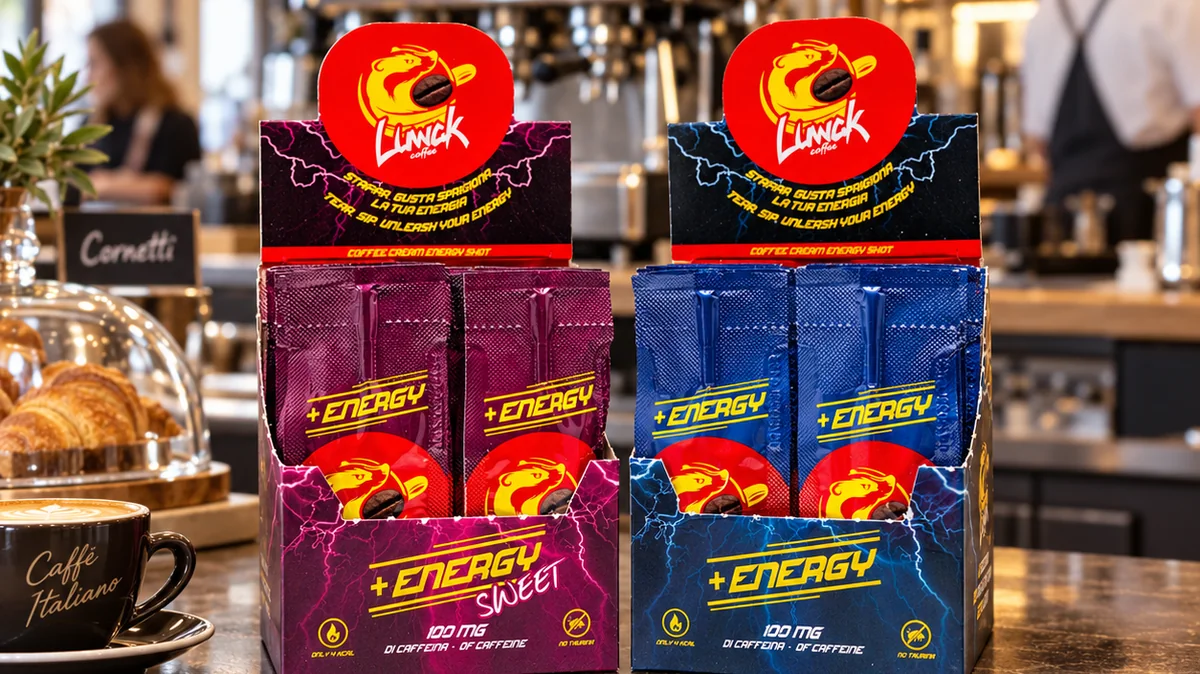 Espositori LUWAK +ENERGY Original e Sweet sul bancone di un bar